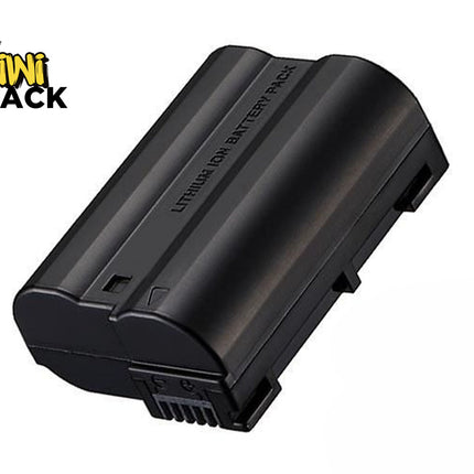 A black rechargeable lithium-ion camera battery pack with contact pins and molded casing texture, featuring the "Kiwi Shack" logo in the top-left corner.