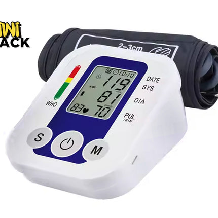 A digital blood pressure monitor with a large LCD screen and an attached upper arm cuff, featuring the "Kiwi Shack" logo in the top-left corner.