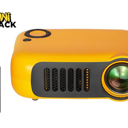 A bright yellow and black mini projector with a prominent side lens and ventilation grilles on the front, accompanied by a small gray remote control placed to the left, featuring a "Kiwi Shack" logo in the top left corner.
