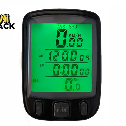 A digital waterproof bicycle computer with a green backlit LCD screen and control buttons, featuring the "Kiwi Shack" logo in the top-left corner.