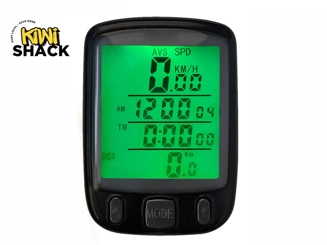 A digital waterproof bicycle computer with a green backlit LCD screen and control buttons, featuring the "Kiwi Shack" logo in the top-left corner.