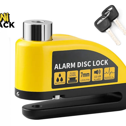 A bright yellow and black motorcycle alarm disc lock with a 7mm lock pin, waterproof casing, movement and shock sensor features, and two accompanying keys, featuring a "Kiwi Shack" logo in the top left corner.