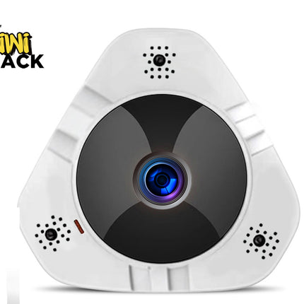 A white triangular security camera with a large black circular face, blue and purple lens center, and four small speaker grilles, shown on a white background with a Kiwi Shack logo in the top-left corner.