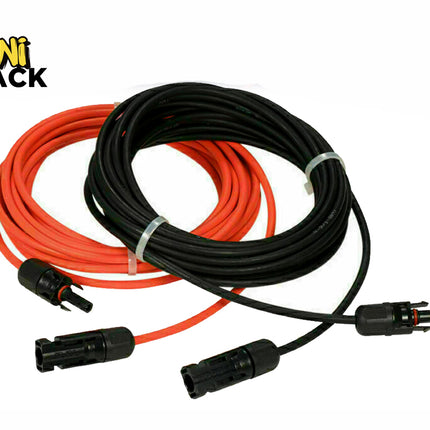 A pair of coiled solar panel extension cables, one red and one black, equipped with male and female photovoltaic connectors on the ends against a white background, featuring the "Kiwi Shack" logo in the upper left corner.