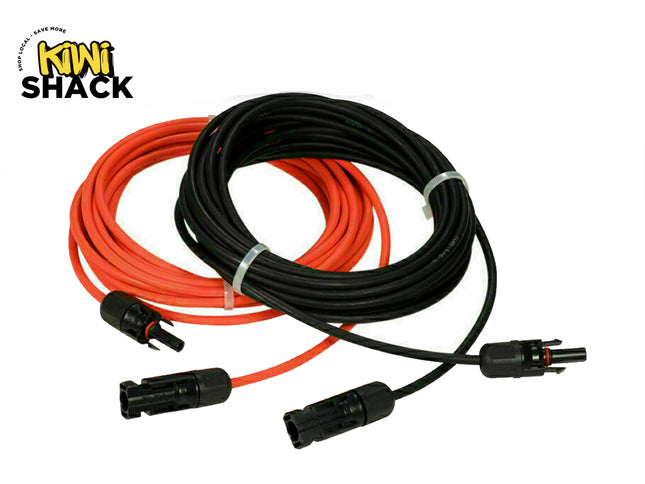 A pair of coiled solar panel extension cables, one red and one black, equipped with male and female photovoltaic connectors on the ends against a white background, featuring the "Kiwi Shack" logo in the upper left corner.