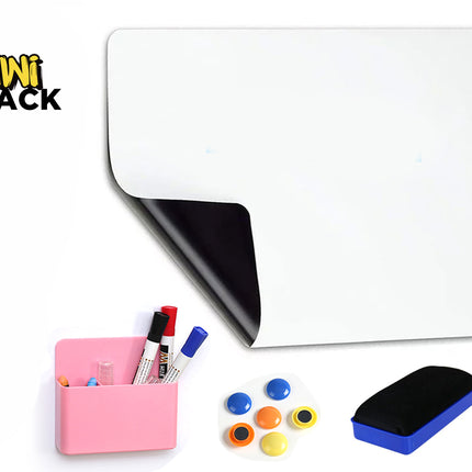 A flexible magnetic whiteboard sheet with its corner peeled back to show the black backing, accompanied by a pink pen holder with markers, a set of colorful magnetic buttons, and a whiteboard eraser, set against a white background with the "Kiwi Shack" logo in the top left corner.