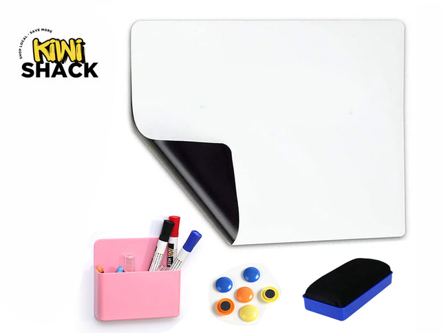 A flexible magnetic whiteboard sheet with its corner peeled back to show the black backing, accompanied by a pink pen holder with markers, a set of colorful magnetic buttons, and a whiteboard eraser, set against a white background with the "Kiwi Shack" logo in the top left corner.
