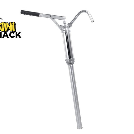 Metallic hand pump with black handle on a white background, featuring the Kiwi Shack logo.