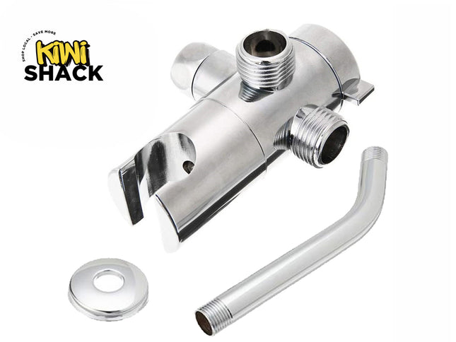 A chrome shower valve trim assembly with a matching curved supply tube and a round washer, shown on a white background with the Kiwi Shack logo in the top-left corner.