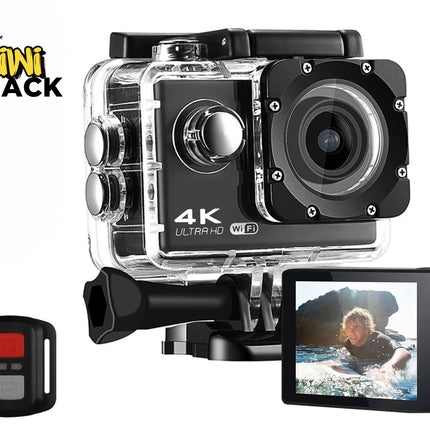 Action camera with remote control and screen displaying a person in water, branded 'Kiwi Shack'.