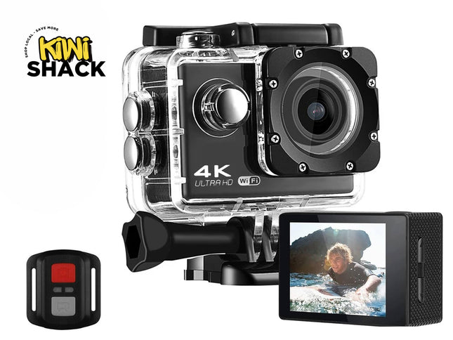 Action camera with remote control and screen displaying a person in water, branded 'Kiwi Shack'.