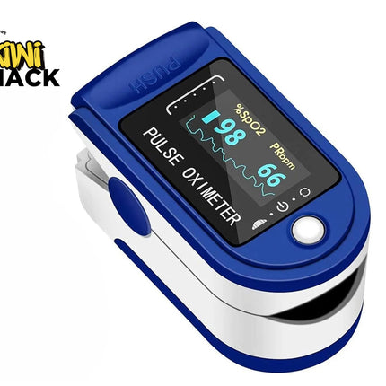 Finger pulse oximeter with blue and white design on a white background, branded 'Kiwi Shack'.