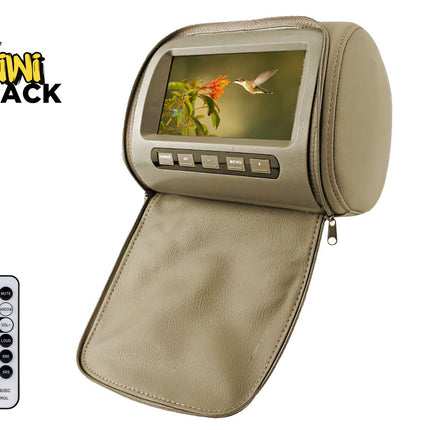 A beige faux-leather headrest monitor entertainment system with an attached zippered pouch and a small built-in screen showing a hummingbird image. A separate black remote control is shown in the lower left, and the Kiwi Shack logo is in the upper left.