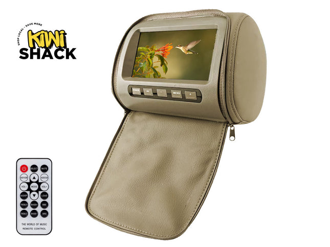 A beige faux-leather headrest monitor entertainment system with an attached zippered pouch and a small built-in screen showing a hummingbird image. A separate black remote control is shown in the lower left, and the Kiwi Shack logo is in the upper left.