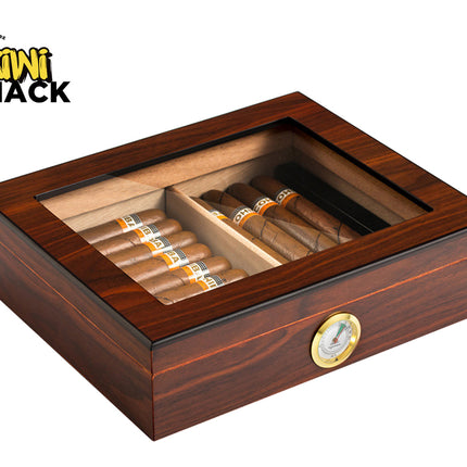 Walnut Wood Cigar Humidor Box for 35 Cigars | Hygrometer Humidifier Glass Top Storage Case