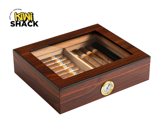 Walnut Wood Cigar Humidor Box for 35 Cigars | Hygrometer Humidifier Glass Top Storage Case