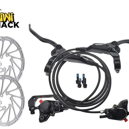 Bicycle brake components including calipers, rotors, and cables on a white background with Kiwi Shack branding.