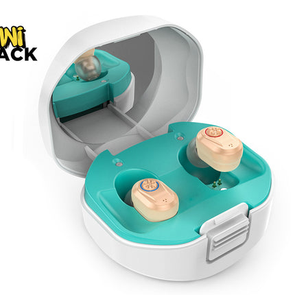 Teal and white hearing aid devices with a Kiwi Shack logo.