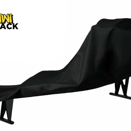 Black protective cover draped over an ergonomic zero-gravity / wellness lounger chair frame with metal base legs, featuring the Kiwi Shack logo watermark.