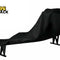 Black protective cover draped over an ergonomic zero-gravity / wellness lounger chair frame with metal base legs, featuring the Kiwi Shack logo watermark.