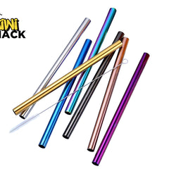 A collection of colorful reusable stainless steel drinking straws in shades like gold, silver, blue, purple, and rose gold, arranged with a long cleaning brush against a white background. A "Kiwi Shack" logo appears in the top-left corner.
