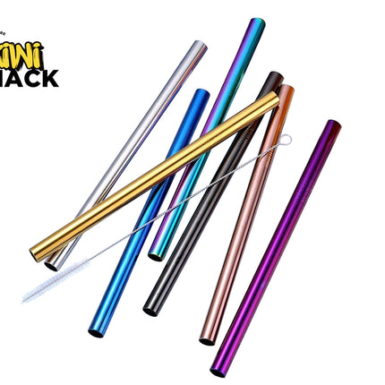 A collection of colorful reusable stainless steel drinking straws in shades like gold, silver, blue, purple, and rose gold, arranged with a long cleaning brush against a white background. A "Kiwi Shack" logo appears in the top-left corner.
