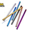 A collection of colorful reusable stainless steel drinking straws in shades like gold, silver, blue, purple, and rose gold, arranged with a long cleaning brush against a white background. A "Kiwi Shack" logo appears in the top-left corner.