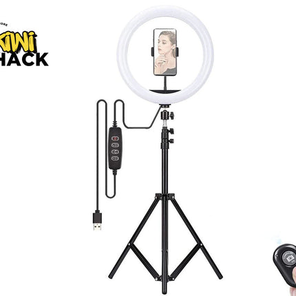 Ring light with stand and remote control on a white background, featuring the Kiwi Shack logo.