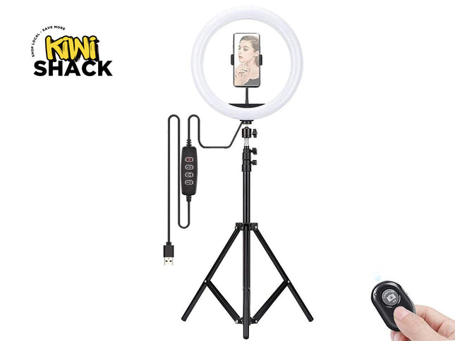 Ring light with stand and remote control on a white background, featuring the Kiwi Shack logo.