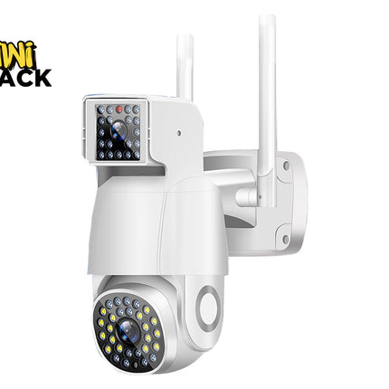 White security camera with antennas on a white background, featuring the Kiwi Shack logo.