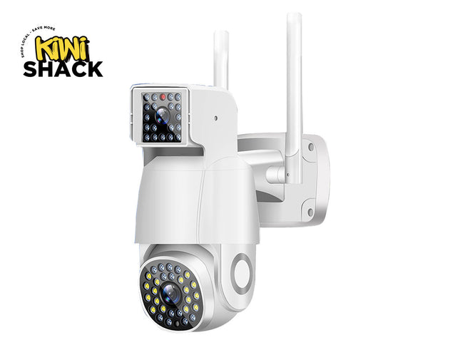 White security camera with antennas on a white background, featuring the Kiwi Shack logo.