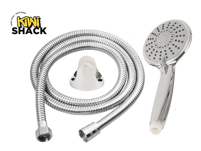 Shower head and hose set with Kiwi Shack logo on a white background
