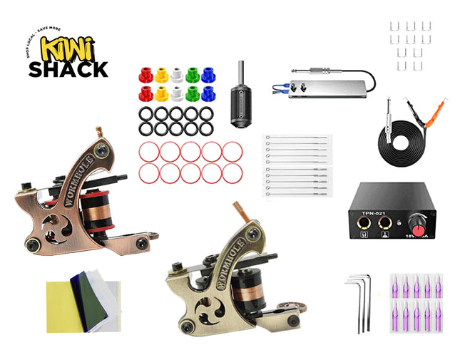 Collection of tattoo machine guns, ink cartridges, and accessories on a white background with 'Kiwi Shack' branding.