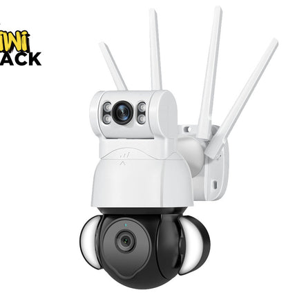 White security camera with antennas on a white background, featuring the Kiwi Shack logo.