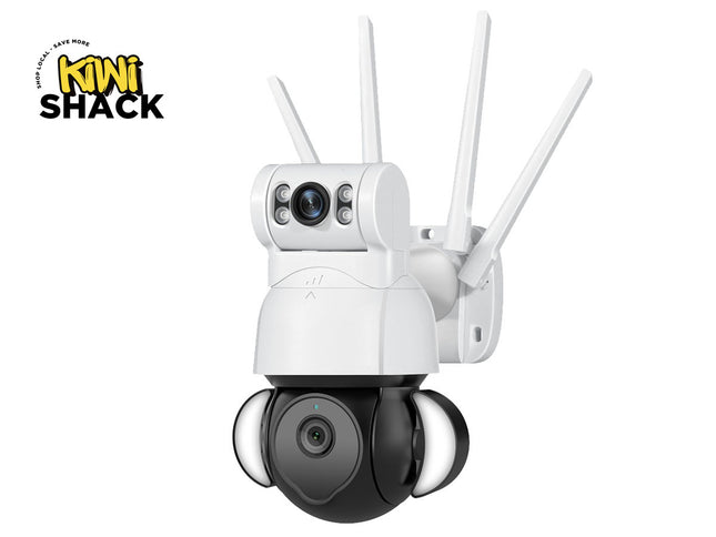 White security camera with antennas on a white background, featuring the Kiwi Shack logo.