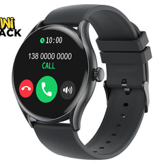 Black smartwatch with a call interface display on a white background, branded 'Kini Shack'.