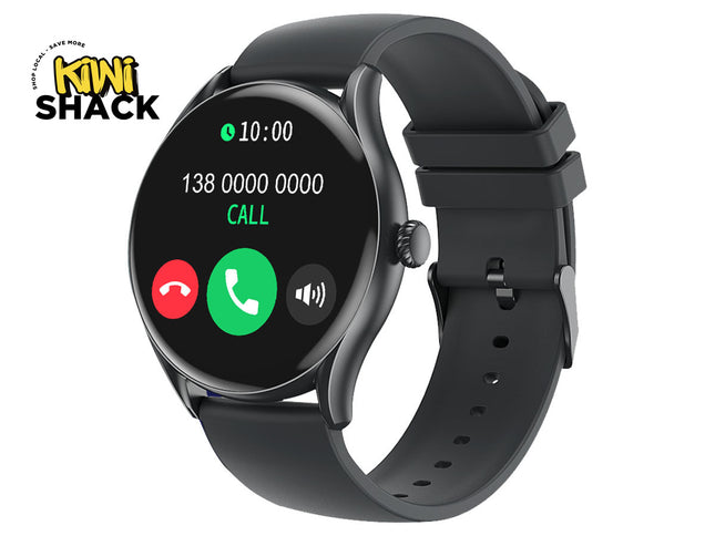 Black smartwatch with a call interface display on a white background, branded 'Kini Shack'.