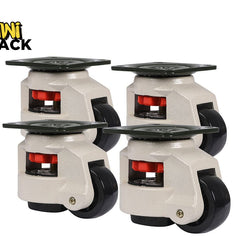 Four caster wheels with black axles on a white background, featuring the Kiwi Shack logo.