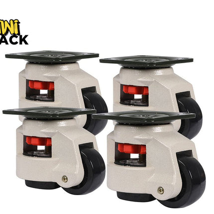 Four caster wheels with black axles on a white background, featuring the Kiwi Shack logo.