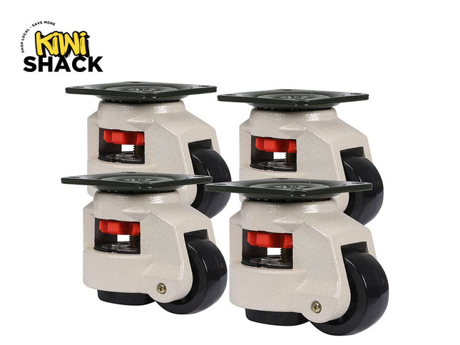 Four caster wheels with black axles on a white background, featuring the Kiwi Shack logo.