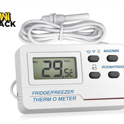 A white digital fridge and freezer thermometer with a digital display, function buttons, and a wired probe, featuring the "Kiwi Shack" logo in the top-left corner.