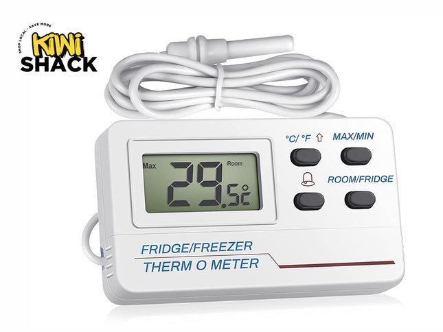 A white digital fridge and freezer thermometer with a digital display, function buttons, and a wired probe, featuring the "Kiwi Shack" logo in the top-left corner.
