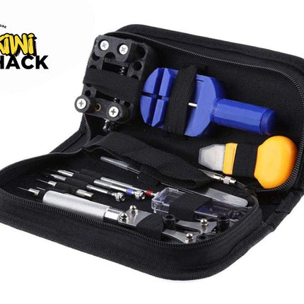 Black tool case with various tools inside, branded 'Kiwi Shack'.