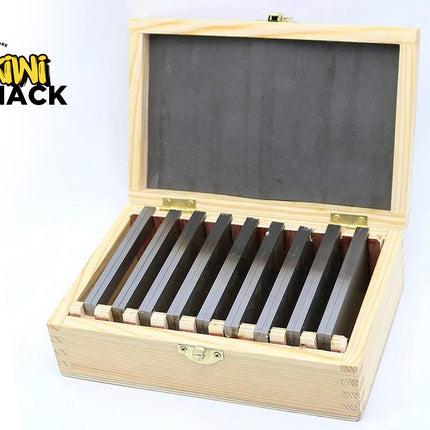 Set of metal files in a wooden box with 'Kiwi Shack' branding on a white background