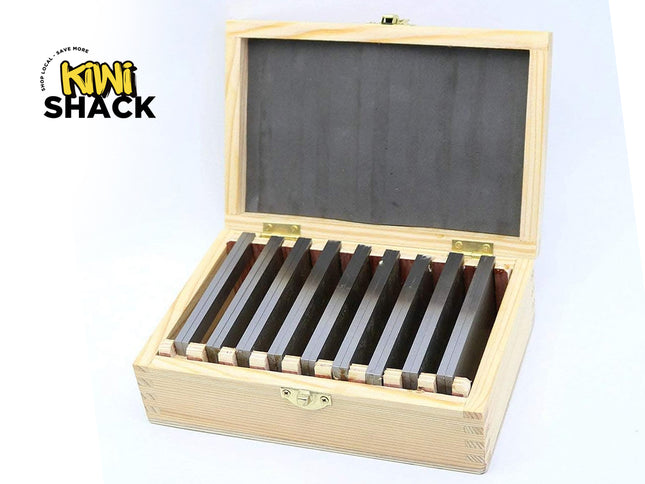 Set of metal files in a wooden box with 'Kiwi Shack' branding on a white background