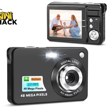 Digital camera with screen displaying a family photo, branded as Kiwi Shack.