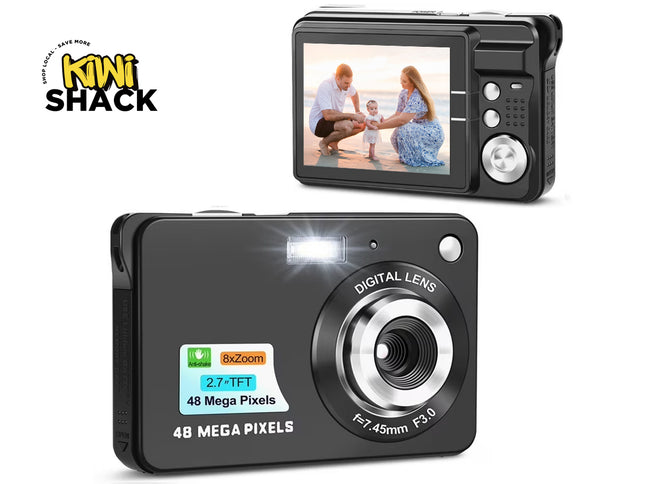 Digital camera with screen displaying a family photo, branded as Kiwi Shack.