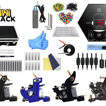 Collection of tattooing equipment with 'Kiwi Shack' logo on a white background