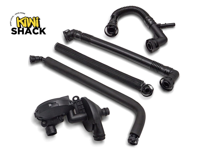 Set of black plumbing components on a white background with 'Kiwi Shack' branding.