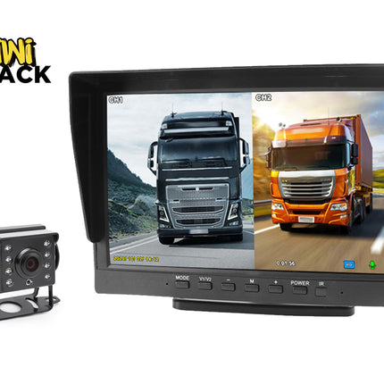 Monitor with camera and display of two trucks on a white background, featuring Kiwi Shack brand.